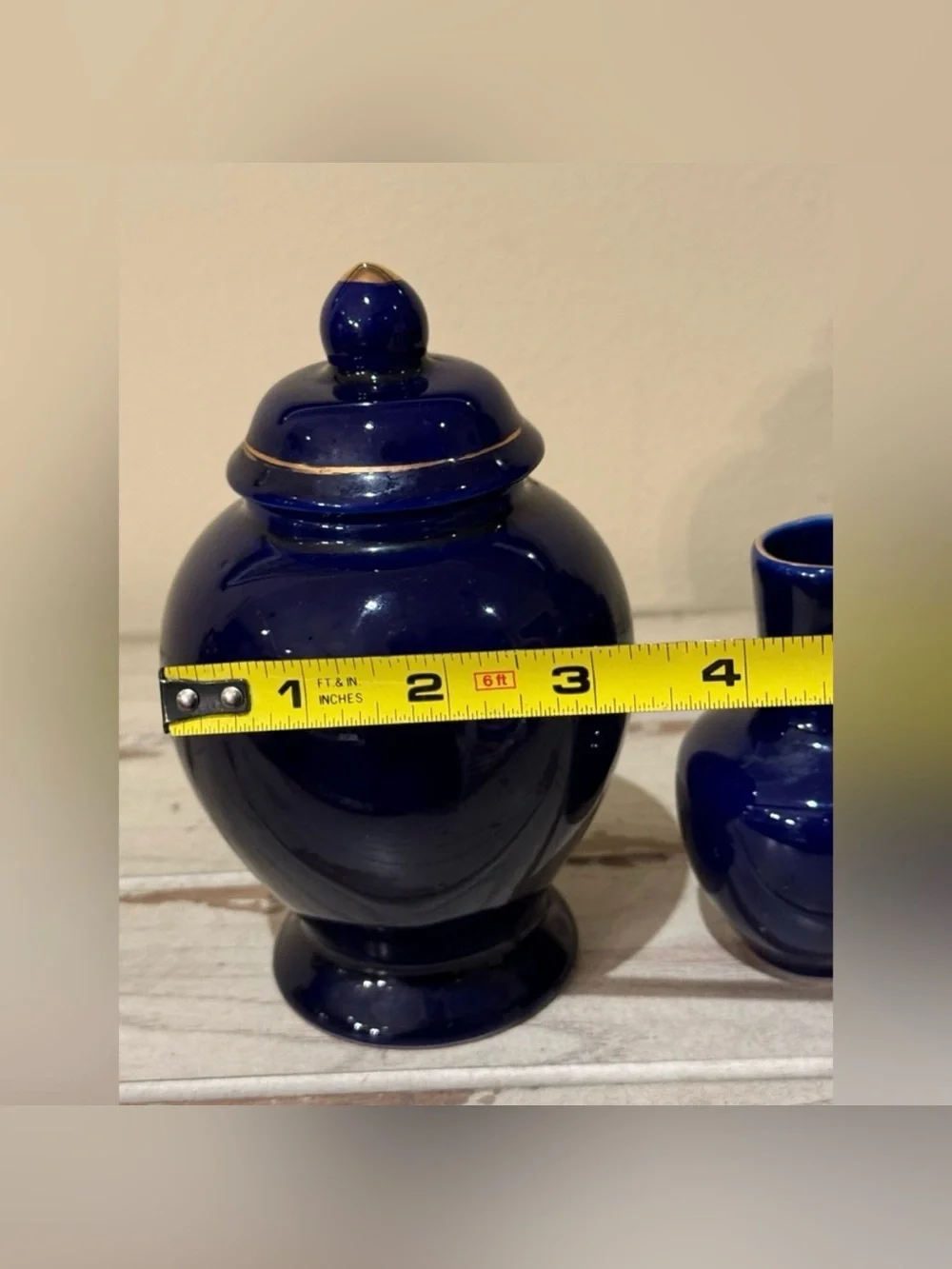 Vintage Cobalt Blue Ginger Jar & Bud Vase Set Gold Peacock Chinoiserie D